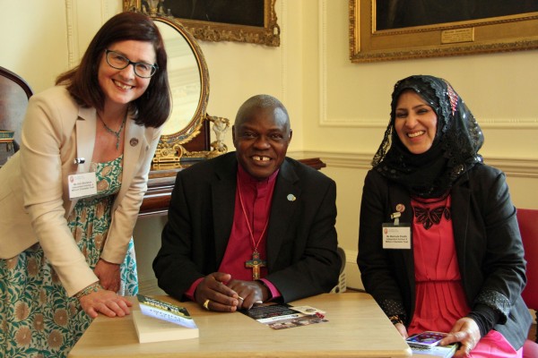 Kim Strickson and Mashuda Shaikh with the Archbishop of York. Kim Strickson gave him a 6 million+ button badge. He signed his latest book “On Rock or Sand” to give to them. (Photo: Elizabeth Addy)